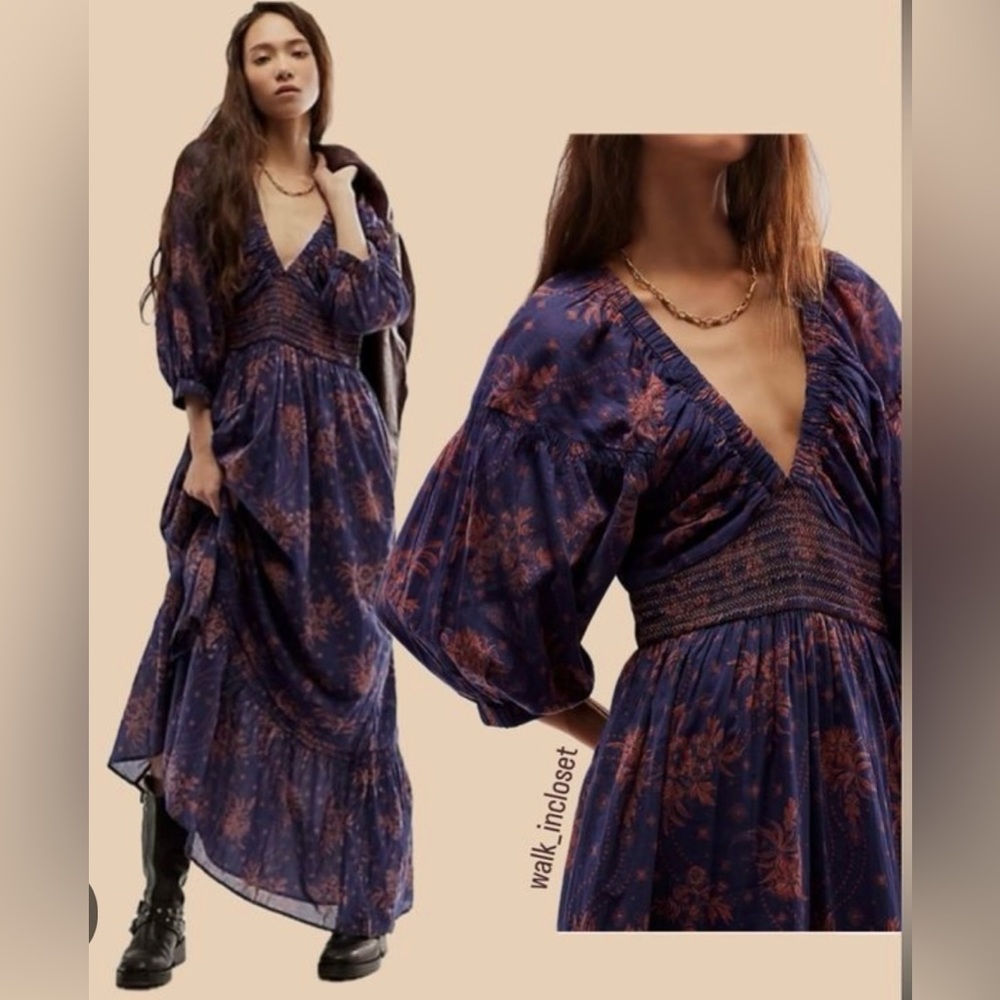 NWT STUNNING Free People Golden Hour Maxi Dress Navy Combo Bishop Sleeves XS